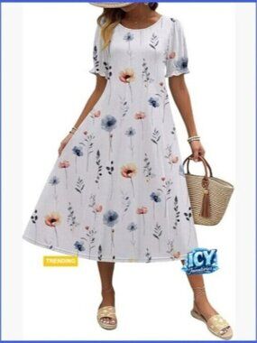 Polyester Blend Midi Dress with Puff Sleeves and Pockets